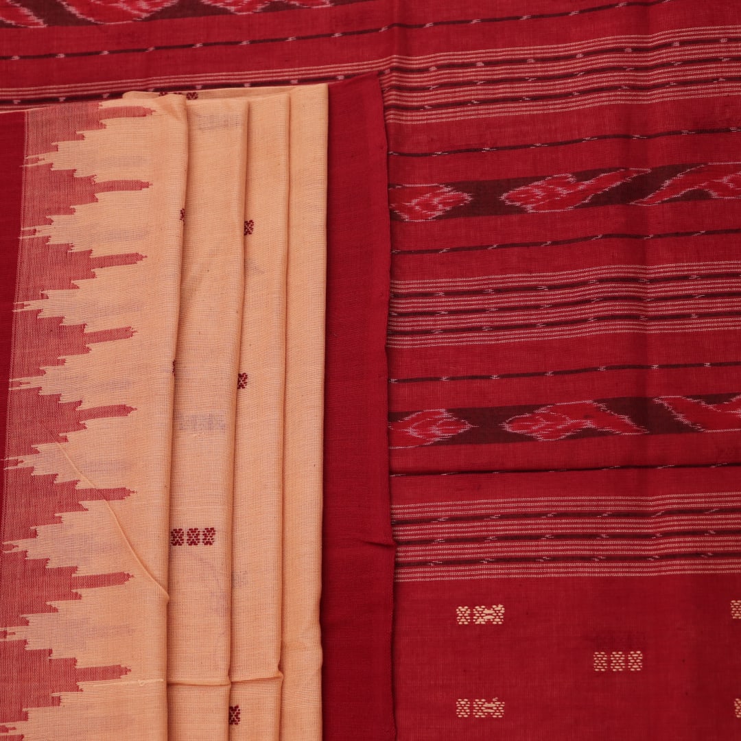 Full view of a cream and maroon Sambalpuri cotton saree with butta pattern.