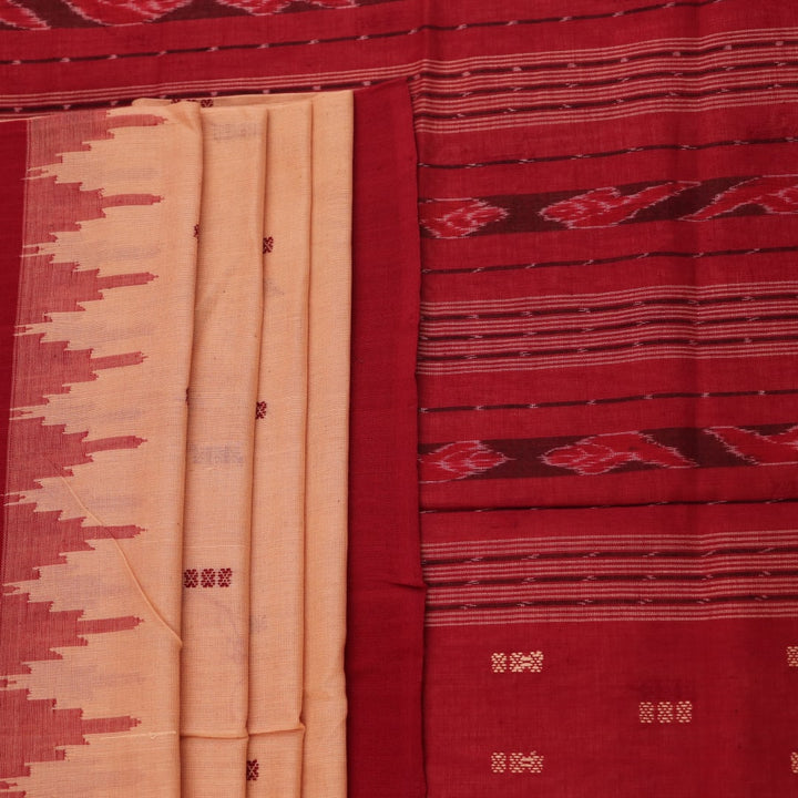 Full view of a cream and maroon Sambalpuri cotton saree with butta pattern.