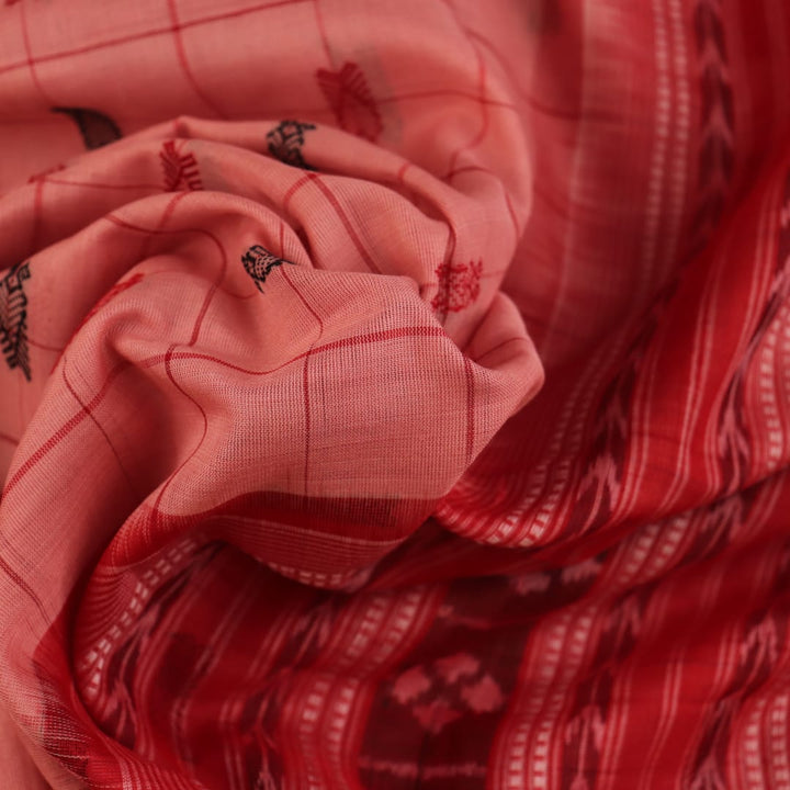 Full product view of a pink and red Sambalpuri Cotton Saree with butta pattern.