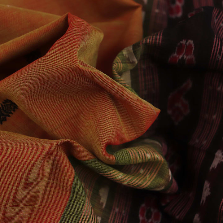 Full view of a multi-color and black Sambalpuri cotton saree with butta pattern.