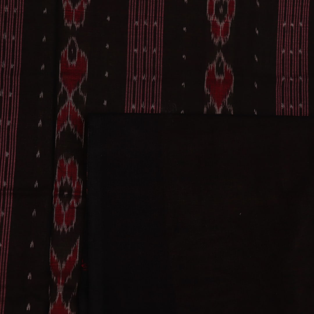 Full view of a multi-color and black Sambalpuri cotton saree with butta pattern.