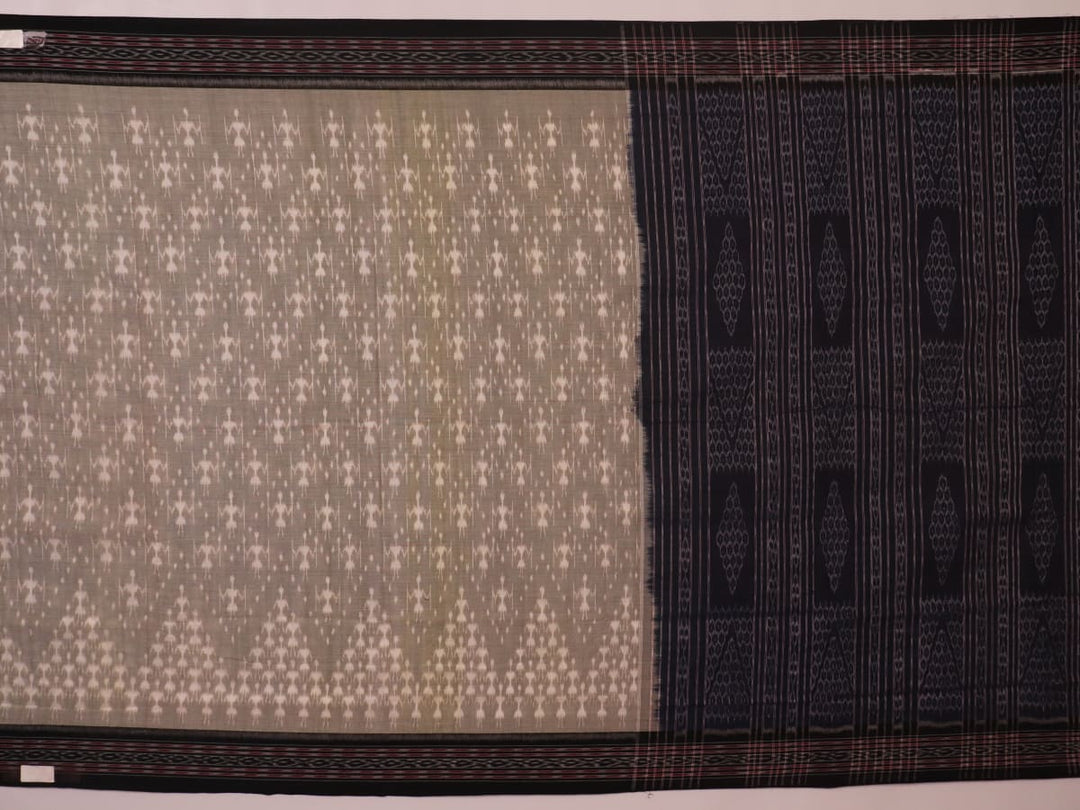 Styled Grey and Black Sambalpuri Cotton Saree with motifs, showcased draped.