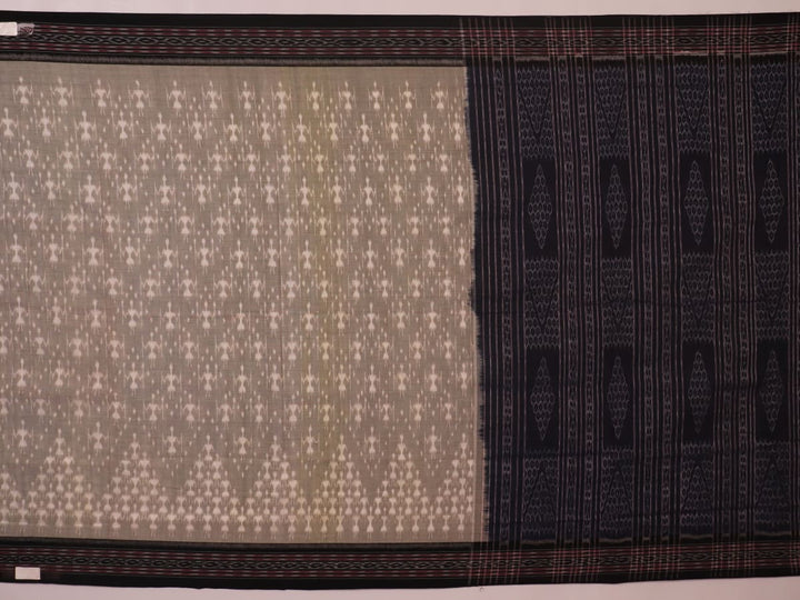 Styled Grey and Black Sambalpuri Cotton Saree with motifs, showcased draped.