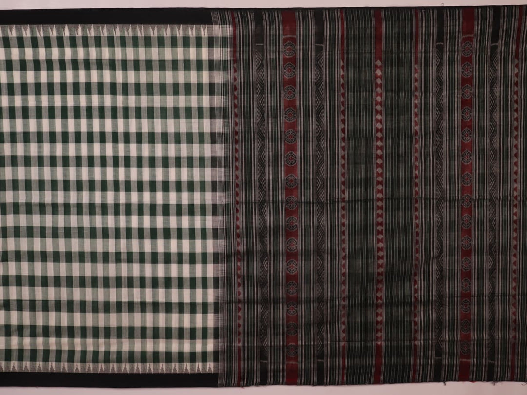 Full view of a green and black Sambalpuri cotton saree with motifs.