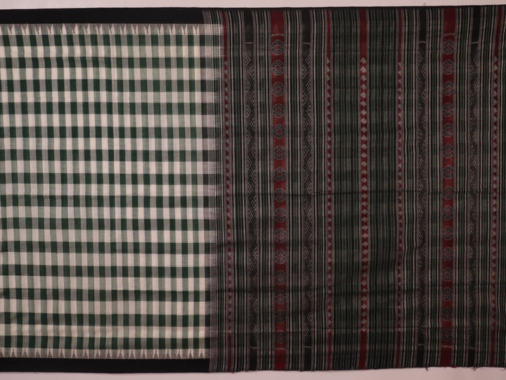 Full view of a green and black Sambalpuri cotton saree with motifs.