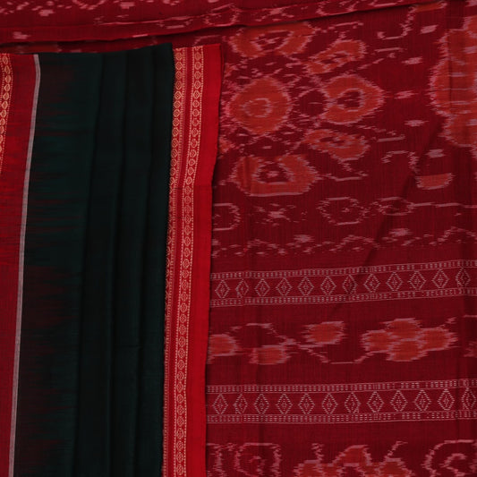 Full view of a green and red handloom Bomkai Cotton Saree with butta pattern.