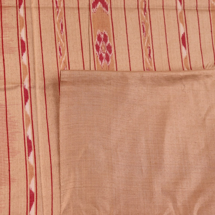 Close-up of plain red and off-white Tussar silk saree fabric texture.