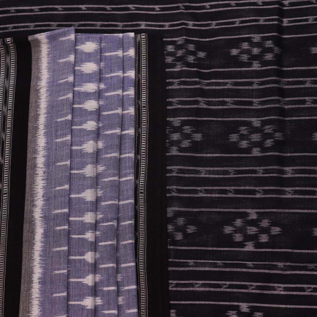 Elegantly styled and draped grey and black Sambalpuri cotton saree with motifs.