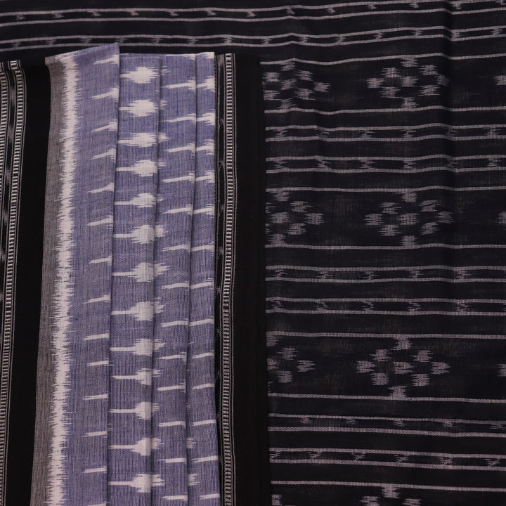 Elegantly styled and draped grey and black Sambalpuri cotton saree with motifs.