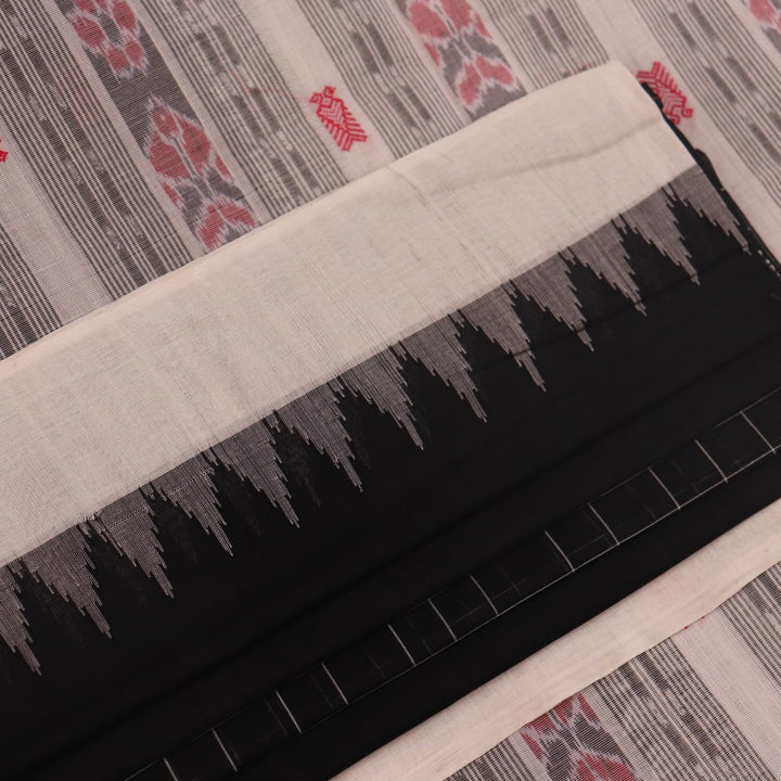 Full view of a Black and White Sambalpuri Cotton Saree with Butta pattern.
