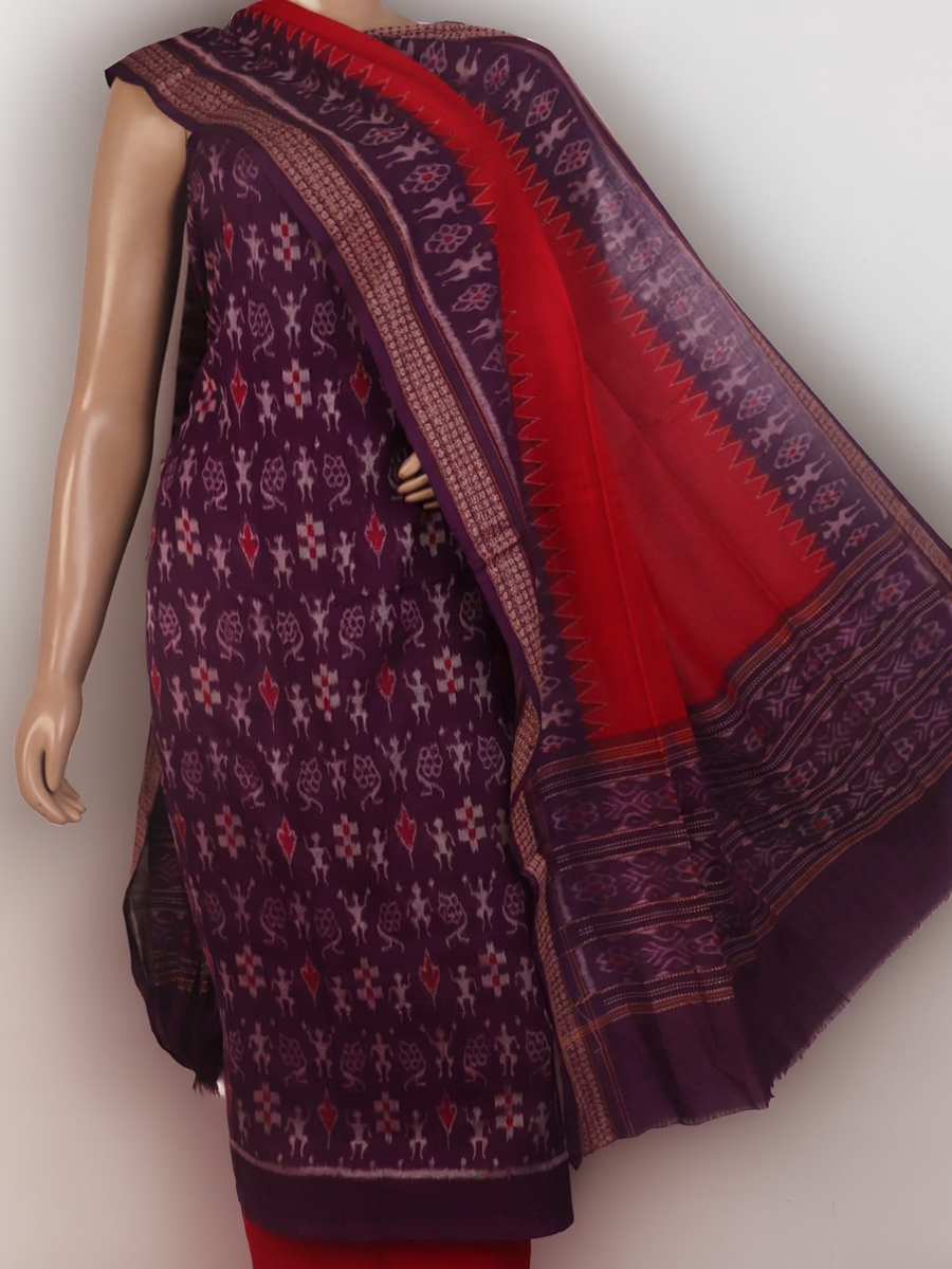 Detail of the violet and red Sambalpuri cotton dress material's blouse piece with motif patterns.