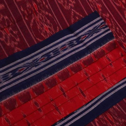 Red and blue Sambalpuri cotton saree draped to show styling and overall look.
