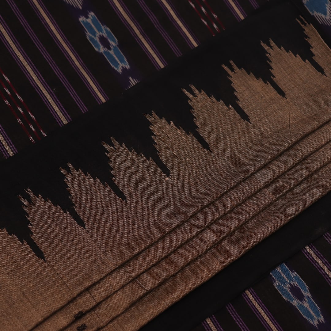 Full display of a handwoven plain grey Sambalpuri cotton saree with black details.
