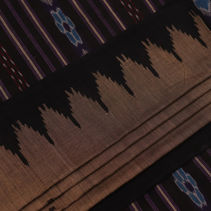 Full display of a handwoven plain grey Sambalpuri cotton saree with black details.