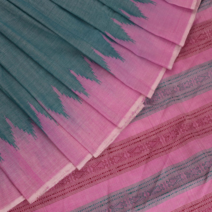 Full view of a plain handloom Sambalpuri cotton saree in green and peach.