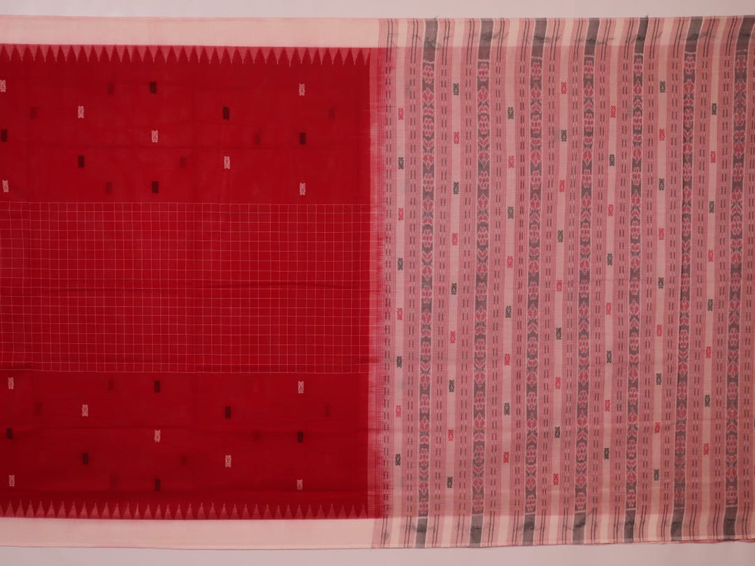 Full view of a red and white Sambalpuri cotton saree with all-over butta pattern.