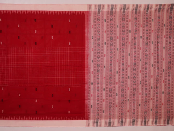 Full view of a red and white Sambalpuri cotton saree with all-over butta pattern.