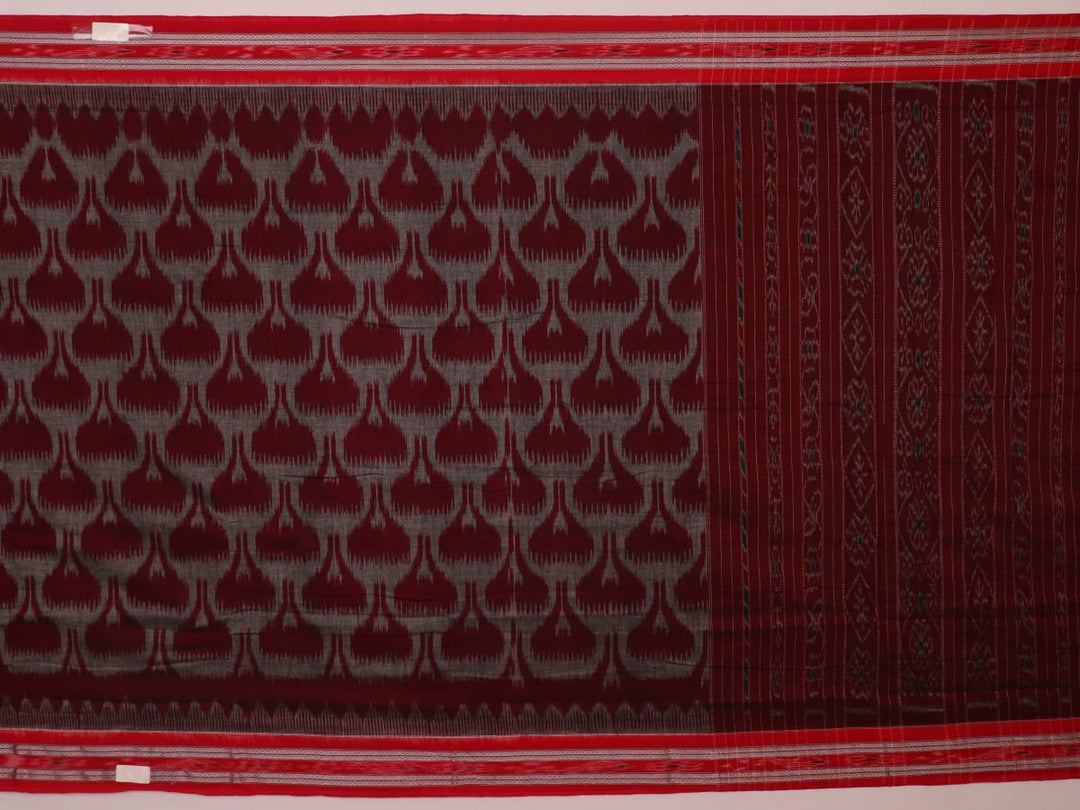 Grey and red Sambalpuri cotton saree draped to show its fall, style, and motif pattern.