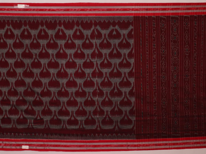 Grey and red Sambalpuri cotton saree draped to show its fall, style, and motif pattern.