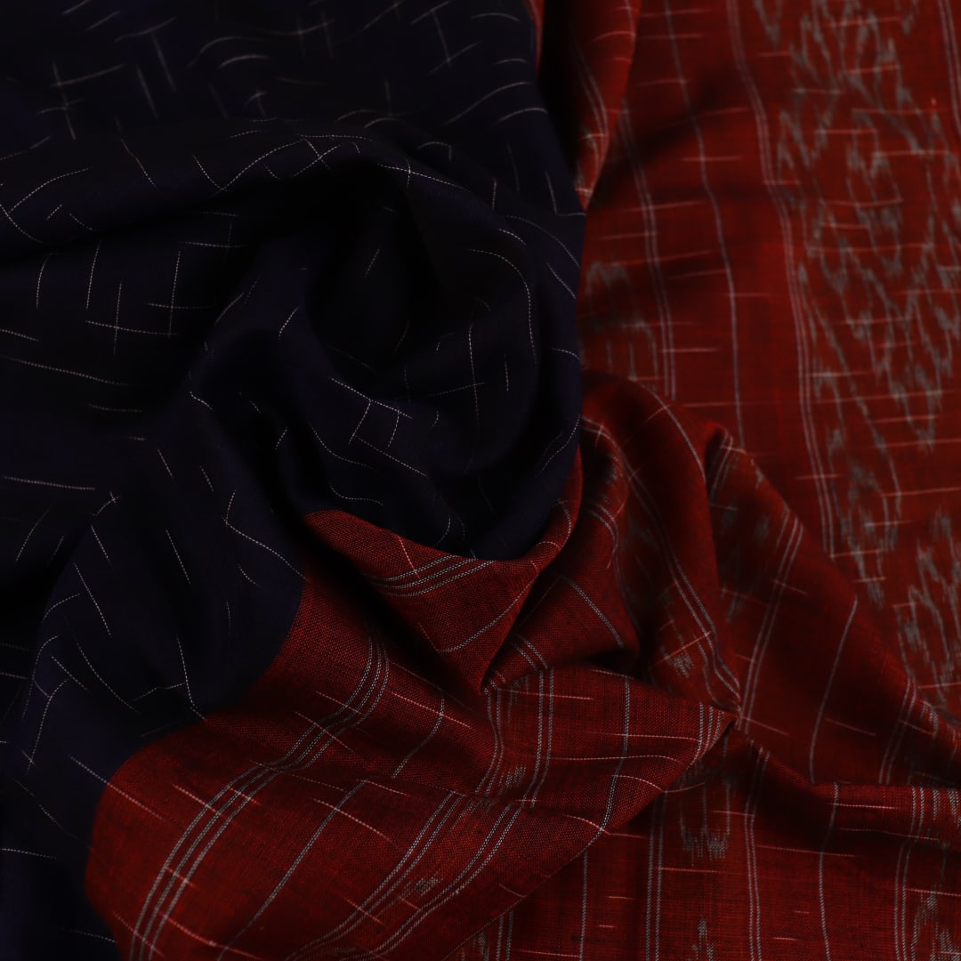 Styled plain blue and orange Sambalpuri cotton saree.