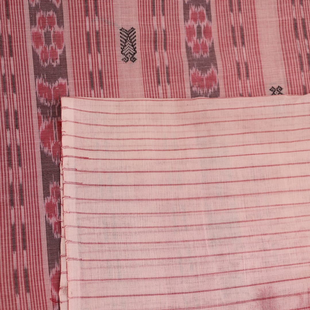 Full view of a red and white Sambalpuri cotton saree with all-over butta pattern.