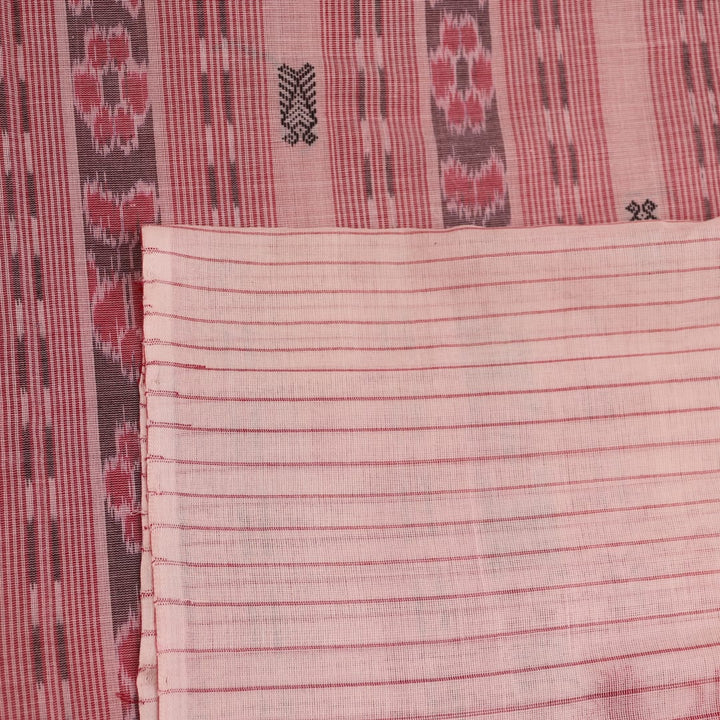 Full view of a red and white Sambalpuri cotton saree with all-over butta pattern.