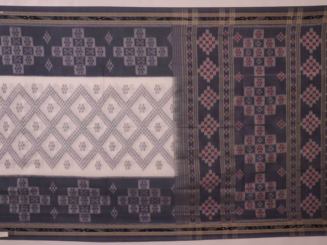 Draped view of white and grey Sambalpuri cotton saree with motifs.