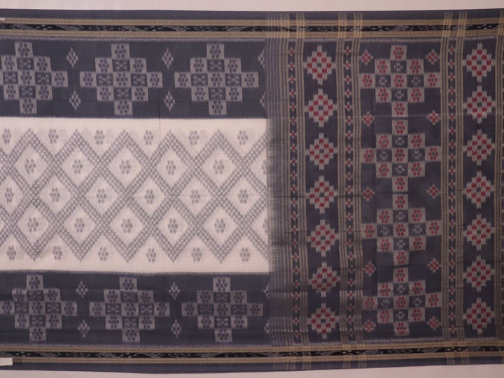 Draped view of white and grey Sambalpuri cotton saree with motifs.