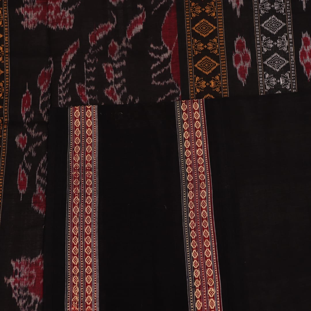 Full product view of a grey Bomkai cotton saree featuring black butta patterns.