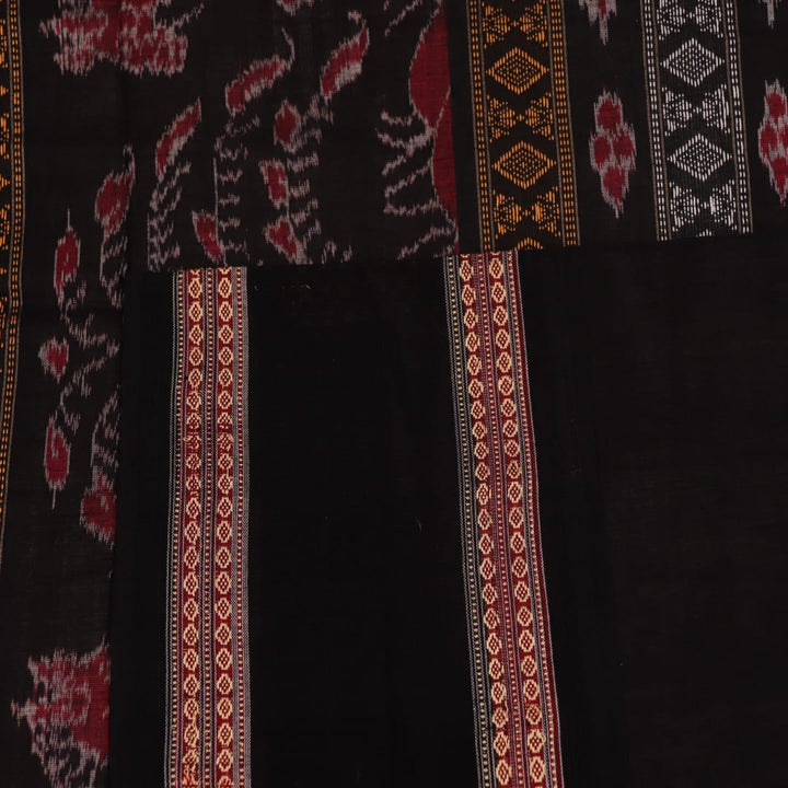 Full product view of a grey Bomkai cotton saree featuring black butta patterns.