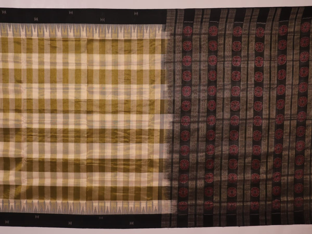 Full view of a handloom multi-color and black Sambalpuri cotton saree with motifs.