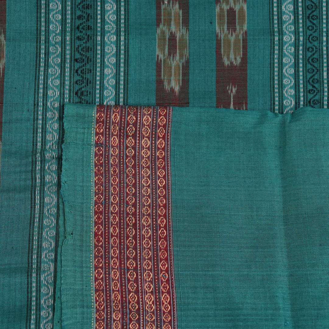 Full view of a brown and green Bomkai cotton saree with Doll pattern.