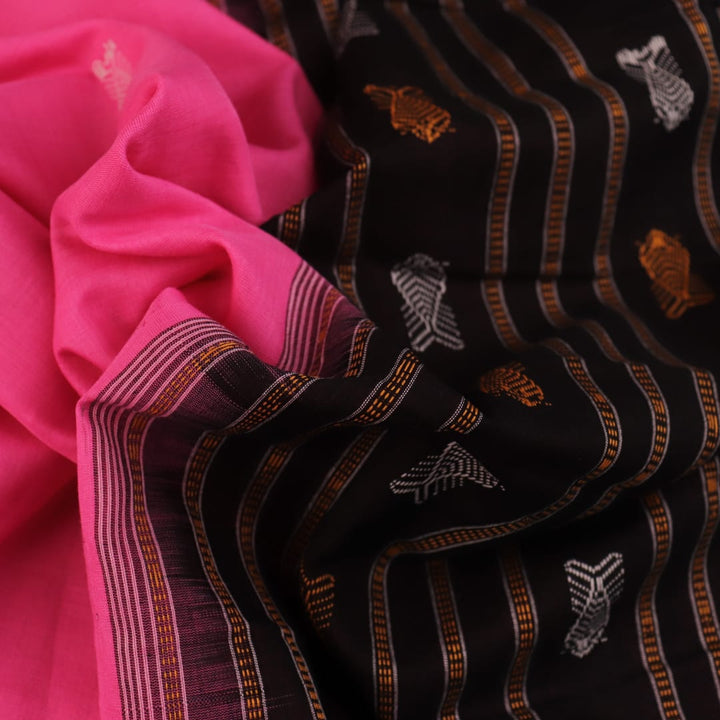 Full view of a pink and black Bomkai cotton saree with butta pattern.