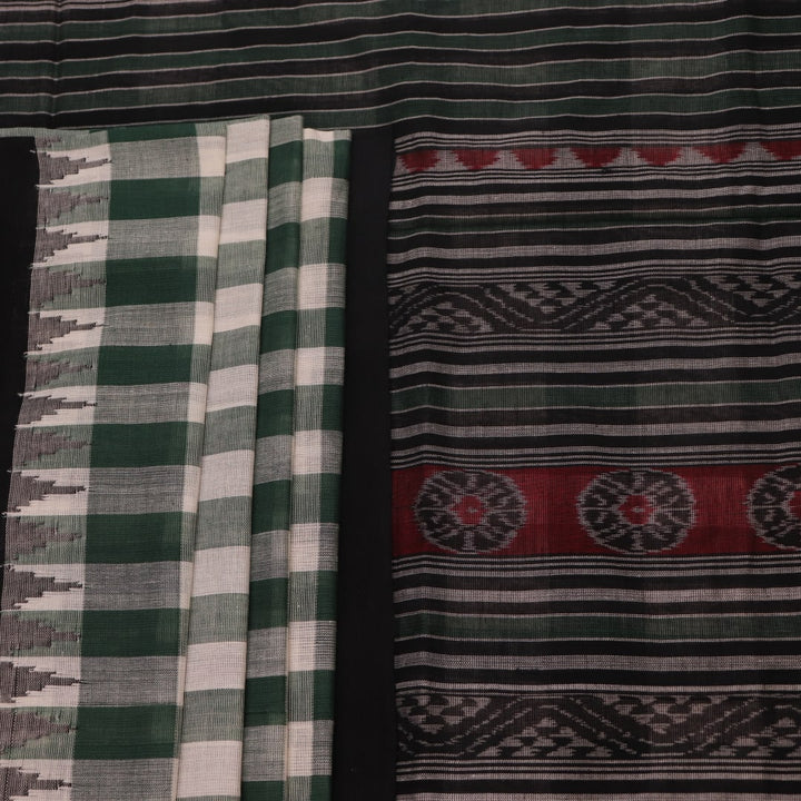 Full view of a green and black Sambalpuri cotton saree with motifs.