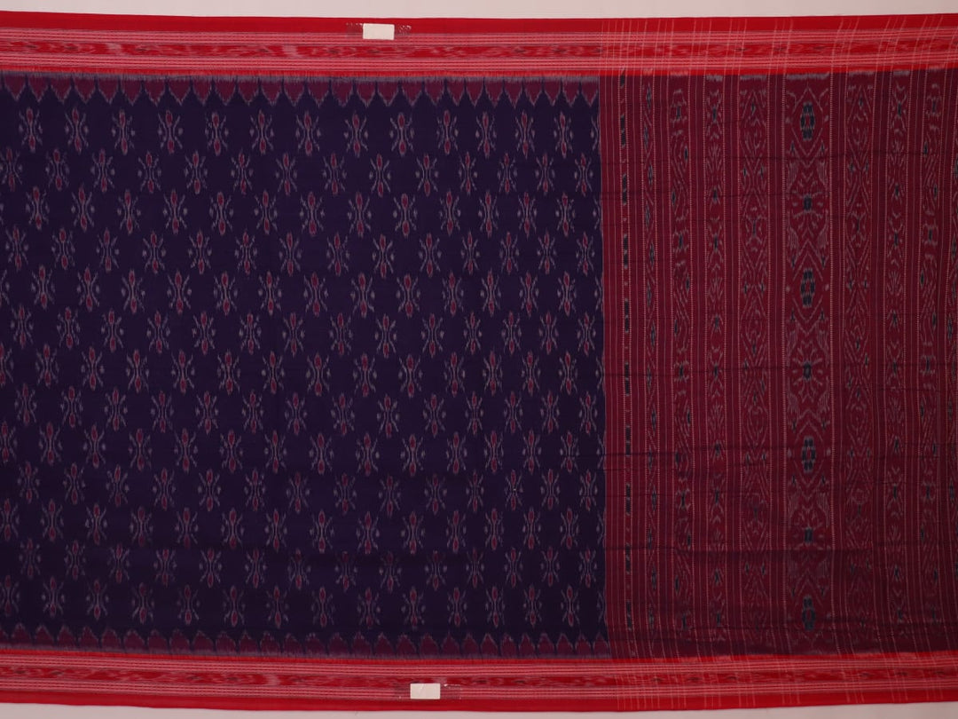 Blue Sambalpuri cotton saree draped, showcasing the overall styling and motifs.