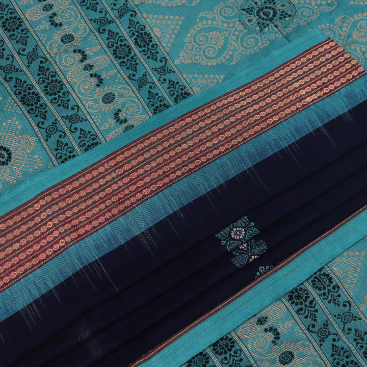 Full length view of a blue and green Bomkai Cotton Saree with Butta pattern.
