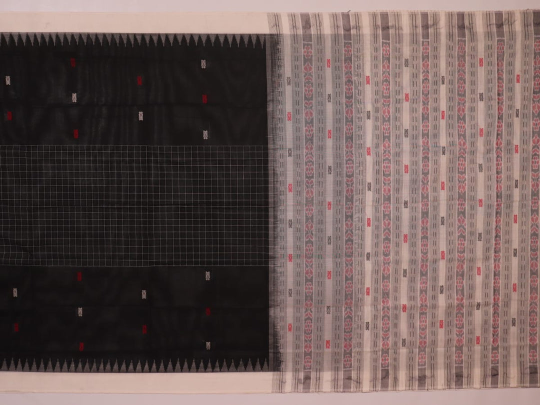 Full view of a Black and White Sambalpuri Cotton Saree with Butta pattern.