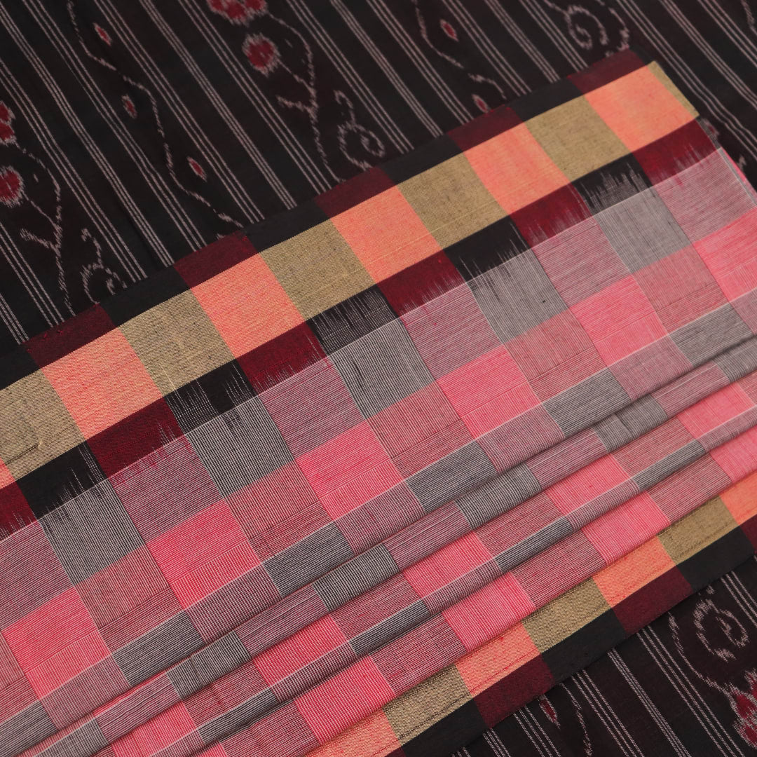 Multi-color Sambalpuri cotton saree with black and traditional motifs, full view.