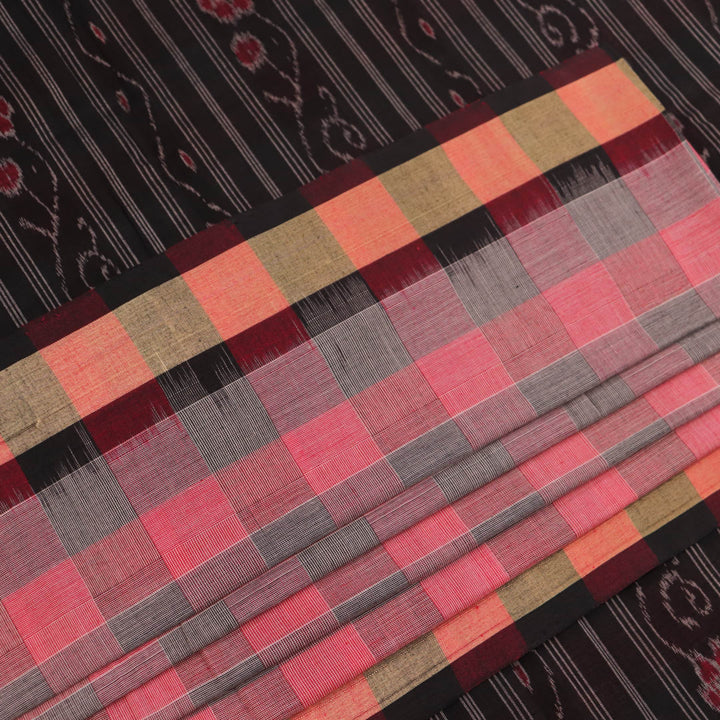 Multi-color Sambalpuri cotton saree with black and traditional motifs, full view.