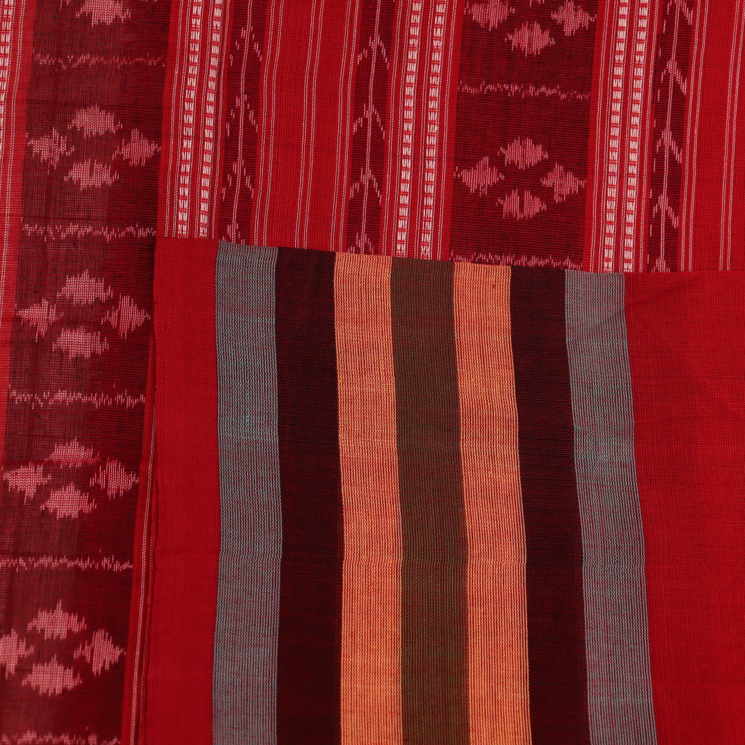 Full product view of a pink and red Sambalpuri Cotton Saree with butta pattern.