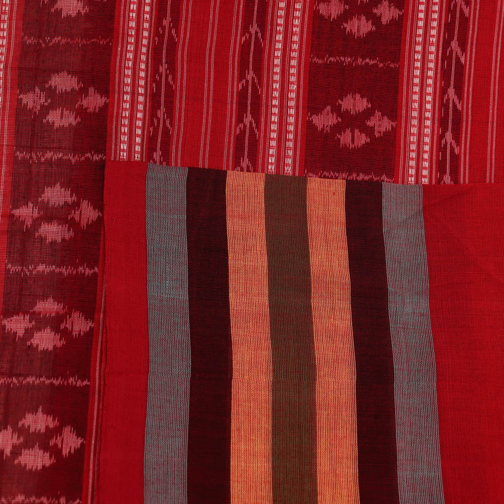Full product view of a pink and red Sambalpuri Cotton Saree with butta pattern.