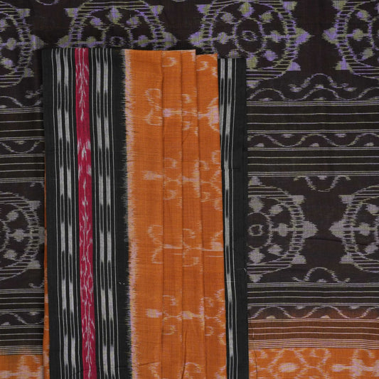 Full layout of the brown and black Sambalpuri cotton saree displaying the complete body and pallu design.