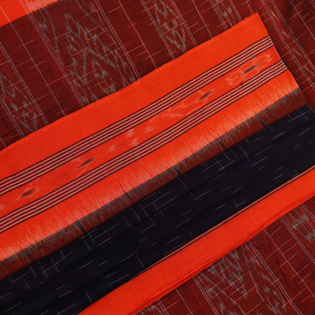 Styled plain blue and orange Sambalpuri cotton saree.