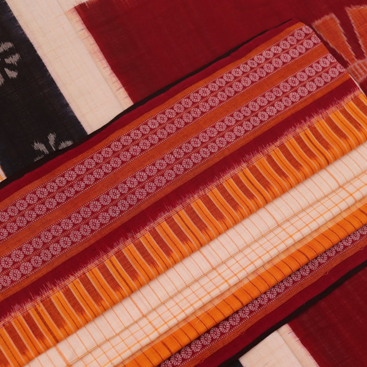 Full view of a striped Off-white and Maroon Sambalpuri Cotton Saree.