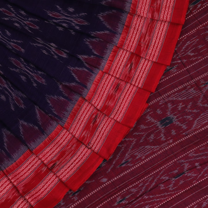 Blue Sambalpuri cotton saree draped, showcasing the overall styling and motifs.