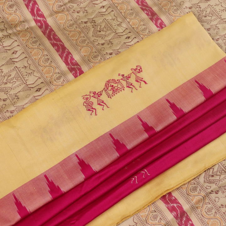 Close-up texture of pink and cream handloom Bomkai silk saree with butta pattern.