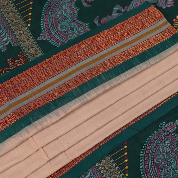 Full view of a cream and green cotton Bomkai Saree with butta pattern.
