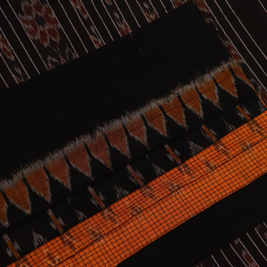 Woman draped in a yellow and black Sambalpuri cotton saree, showcasing the stylish drape and motif pattern.