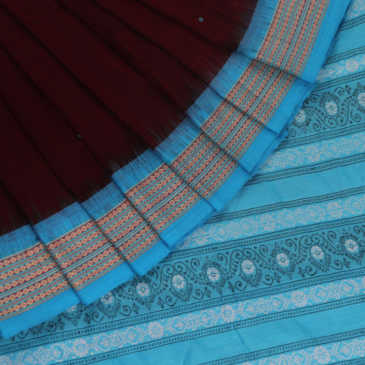 Full view of a maroon and blue Bomkai Cotton Saree with butta pattern.