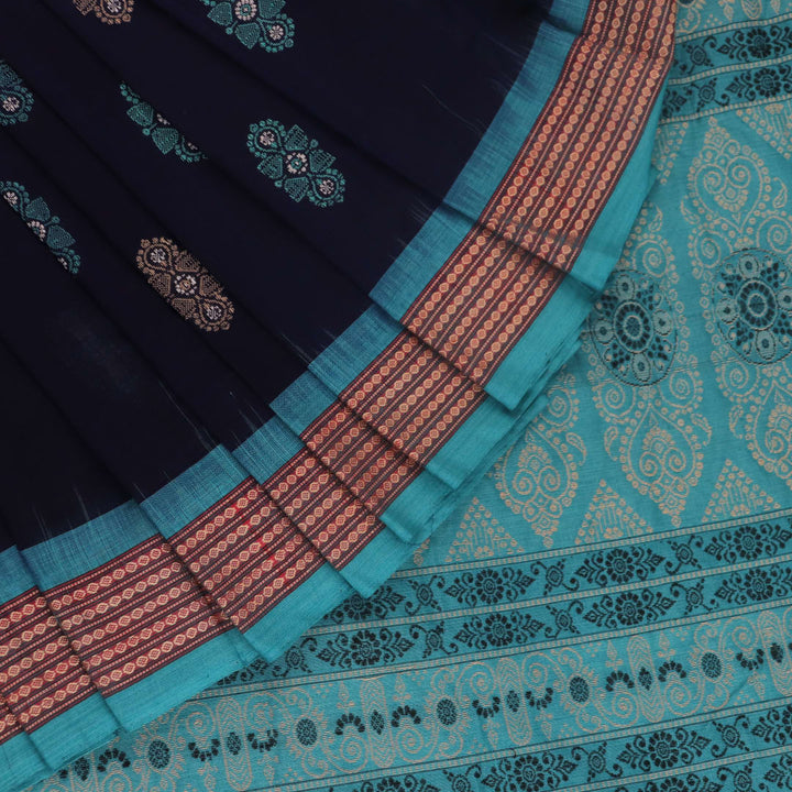 Full length view of a blue and green Bomkai Cotton Saree with Butta pattern.